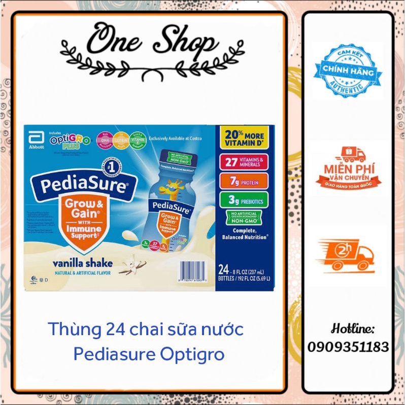 (Date T1/24) Thùng 24 chai sữa Pediasure nước Grow & Gain OptiGRO Plus hương vanilla của Mỹ