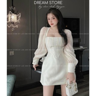Đầm trắng cổ vuông đính đá nơ tay voan