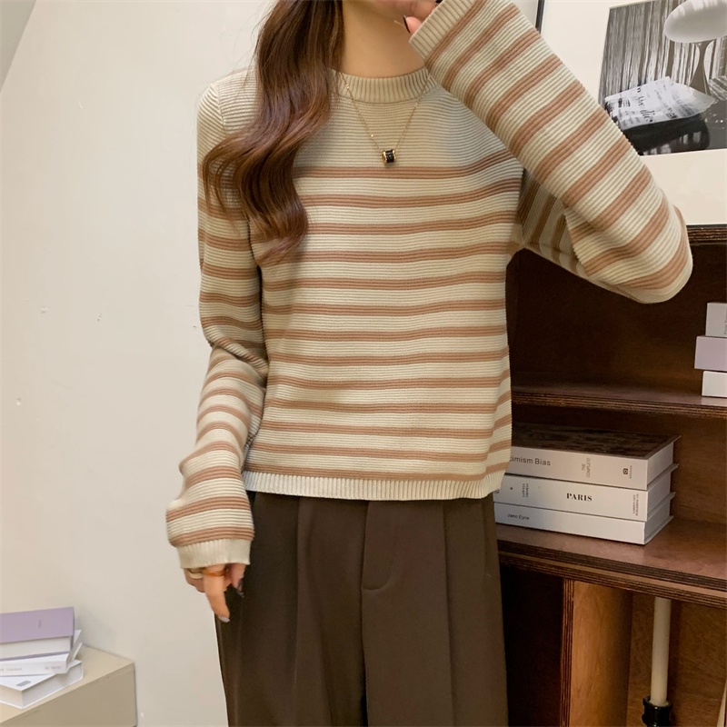 Áo Len Tay Dài Cổ Tròn Họa Tiết Kẻ Sọc Màu Sắc Phong Cách Hàn Quốc Thời Trang Cho Nữ