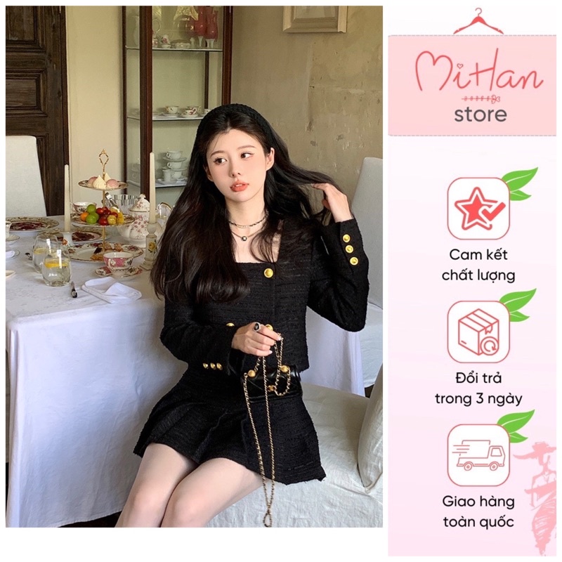 Set áo dạ đen nhũ cổ vuông + chân váy xếp ly khuy vàng siêu xinh⚡  Váy dạ đen hàng 2 lớp dày siêu hot
