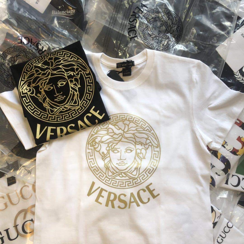 Áo Thun Cotton Cổ Tròn Ngắn Tay In Nhãn Versace / label / 2 Thời Trang Unisex