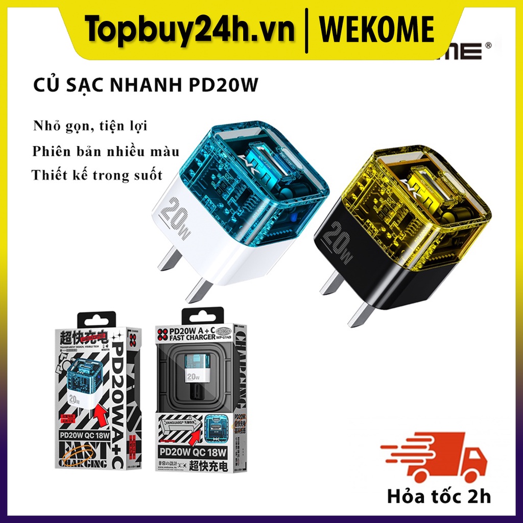 Củ sạc nhanh 2 cổng USB và Type C Wekome trong suốt, sạc nhanh PD 20W Max và QC 18W Max-TOPBUY24h