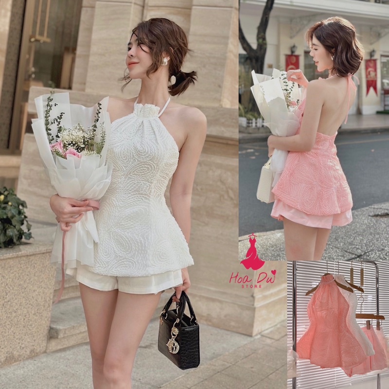 Set áo Peplum cao cấp phối ren cổ yếm + quần sort vải Taffta ống rộng siêu xinh