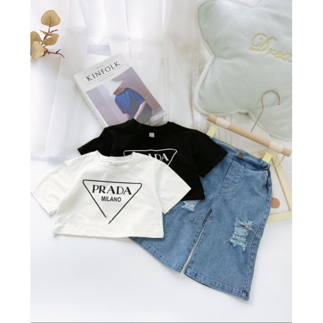 Bộ áo 8_35kg) croptop kèm quần xuông cá tính bé gái