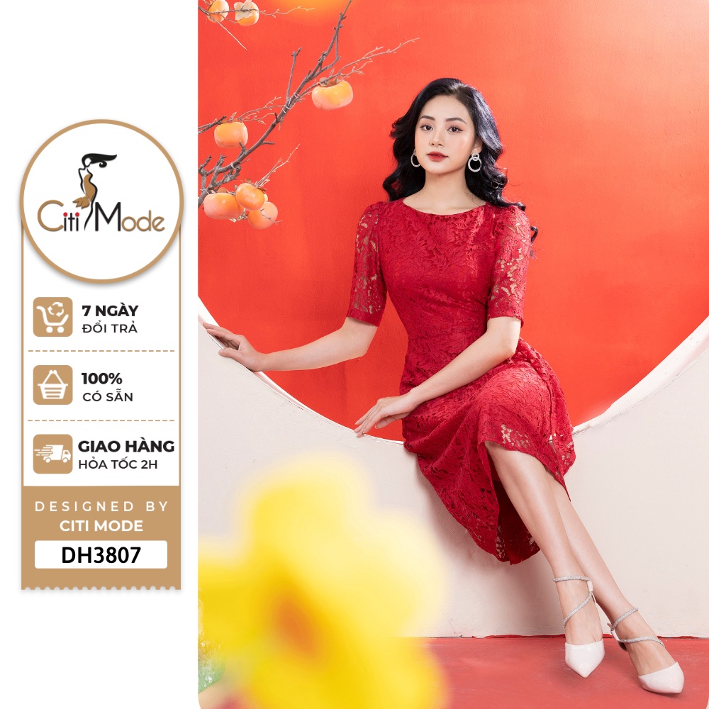 Đầm công sở CITI MODE FASHION thiết kế dáng xoè ren đỏ phối vạt eo DH3807