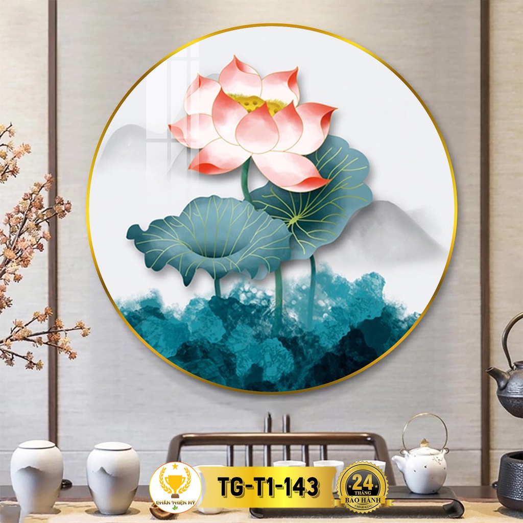 Tranh Tráng Gương Pha Lê Tròn CHÂN THIỆN MỸ, Decor Treo Tường Trang Trí Phòng Hoa Sen TG-T1-143