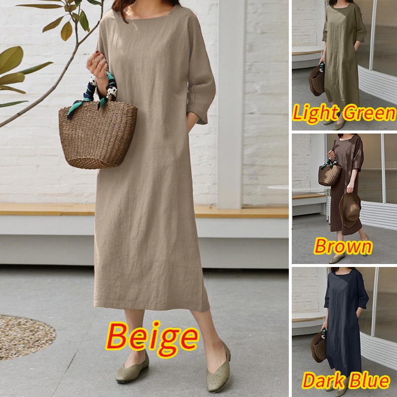 Đầm ZANZEA cổ vuông tay dài 3/4 màu trơn có túi thời trang cho nữ