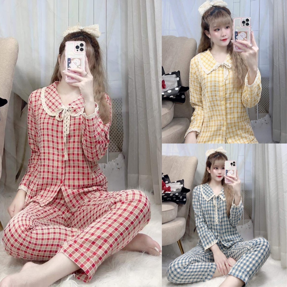Bộ đồ ngủ Pijama dài tay họa tiết kẻ phong cách Hàn Quốc
