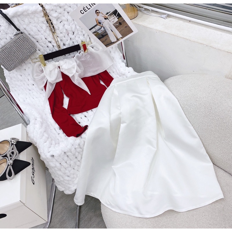 SET ÁO BẸT VAI ĐỎ VOAN NƠ NUDE + VÁY TRẮNG XOÈ