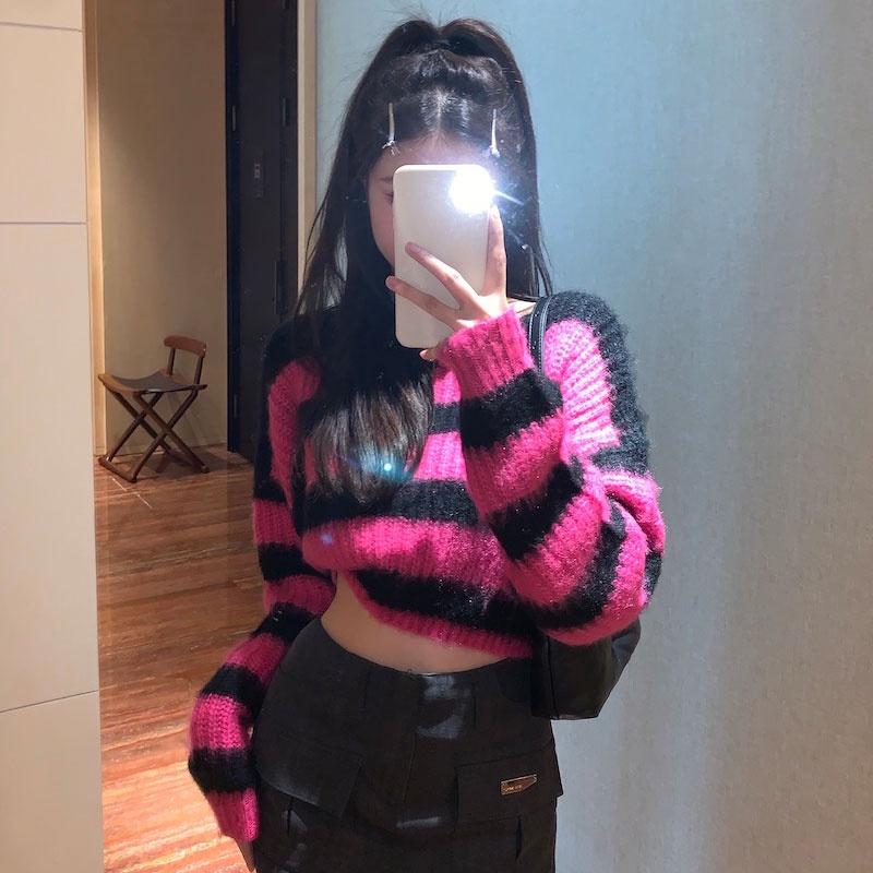 Áo Dệt Kim Tay Dài Cổ Tròn Họa Tiết Kẻ Sọc Thời Trang Hàn Quốc Cho Nữ