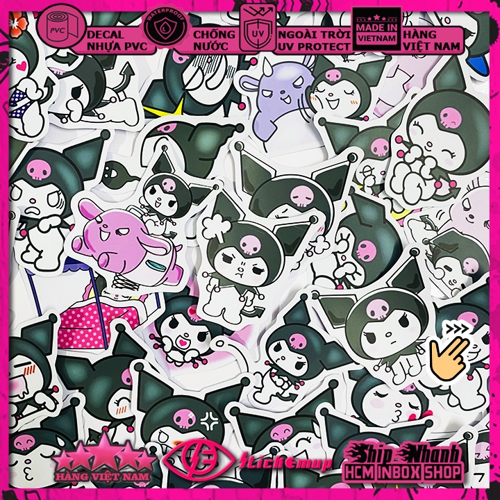 Sticker Hình dán chủ đề Kuromi - Hàng VN, chất liệu decal nhựa pvc, không thấm nước, dán xe, nón bh, vali