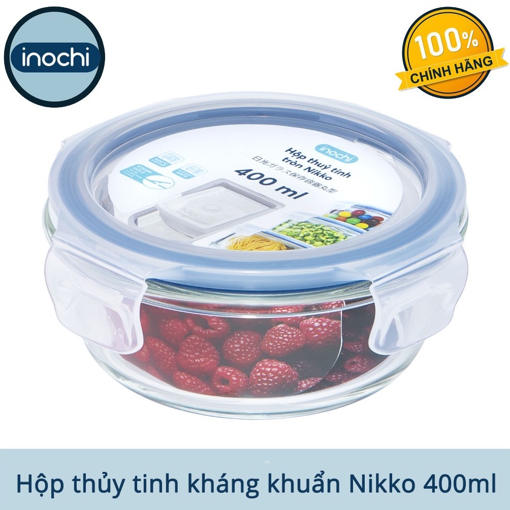 Hộp thuỷ tinh tròn cao cấp kháng khuẩn đựng thực phẩm Inochi Nikko 400ml nắp hít chân không