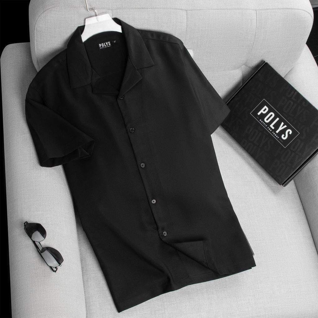 Áo sơ mi nam POLYS Fullbox, Vải Chéo dày dặn, co giãn, thoáng khí. Áo sơ mi tay ngắn Cổ Vest Trắng Đen CUBAN SHIRT