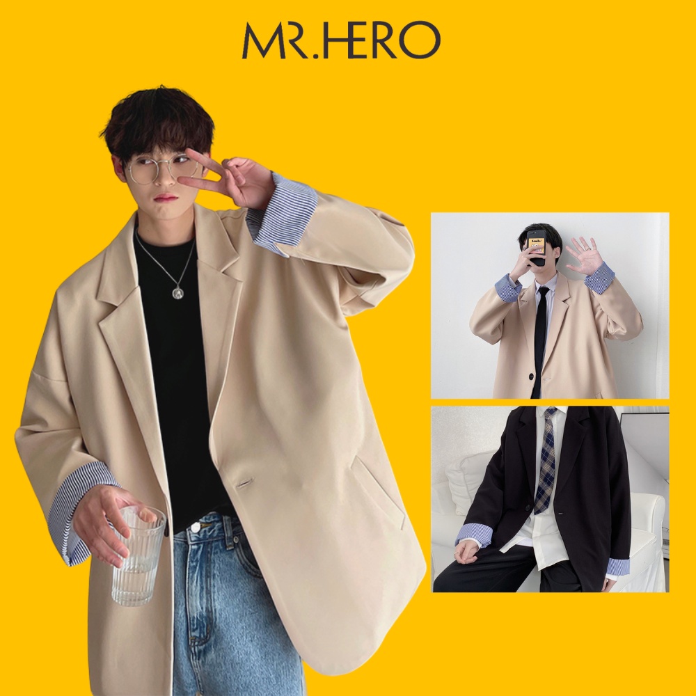 Áo blazer nam form rộng MrHero phối cổ tay sành điệu Hàn Quốc Thời trang nam M.RO màu be đen- BZ12