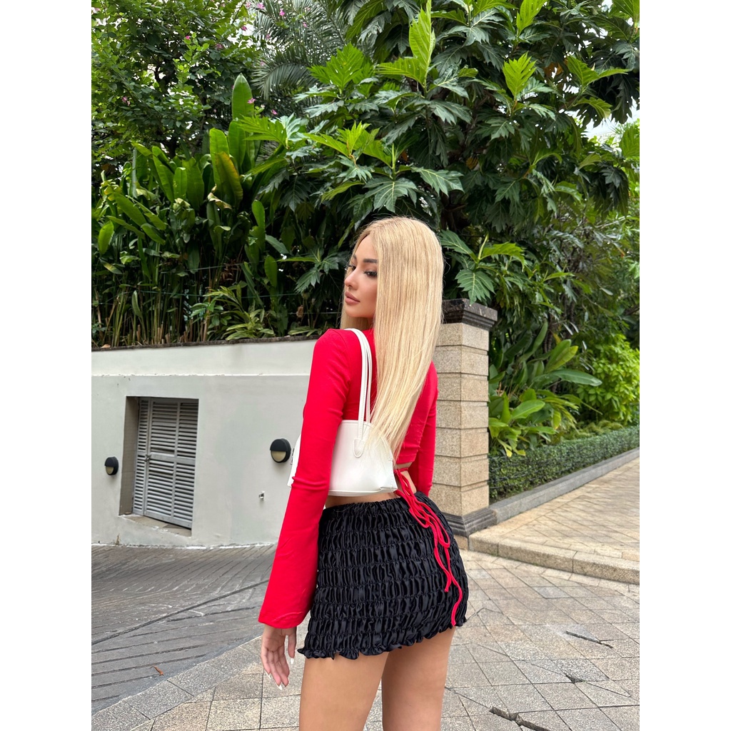 Áo Thun Croptop Cổ Lọ Tay Loe Dây Cột LSEOUL A2599 Chất Dày Dặn Cá Tính Quyến Rũ