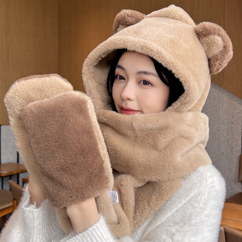 Mũ trùm đầu kiêm khăn choàng cổ và găng tay thiết kế tai gấu giữ ấm thời trang thu đông đáng yêu dành cho nữ