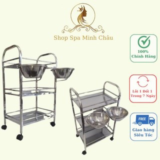 Xe đẩy inox | kệ đẩy inox 3 tầng có bát nước chuyên dùng cho spa tmv