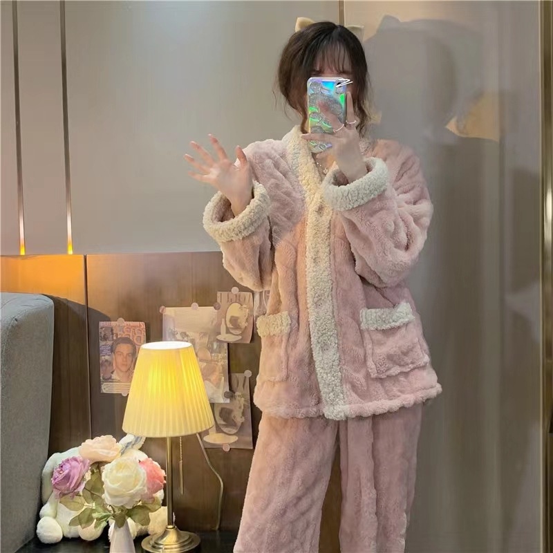 Bộ Đồ Ngủ Lông Dày Dặn Ấm Áp Thời Trang Mùa Đông Cho Nữ