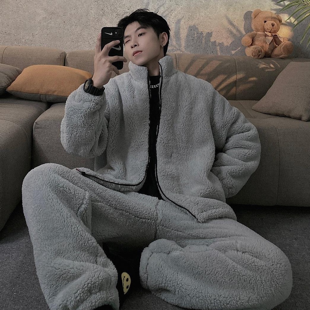 Bộ Đồ Ngủ Vải Lông Cừu San Hô Dày Dặn Thời Trang Thu Đông Cho Nam