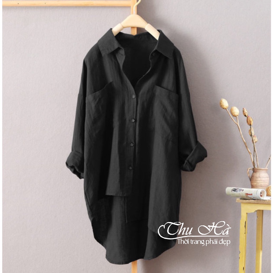 Áo sơ mi đũi nữ bigsize từ 40 đến 95kg Thu Hà form dài rộng kiểu tà lệch trẻ trung sang chảnh SMH.31