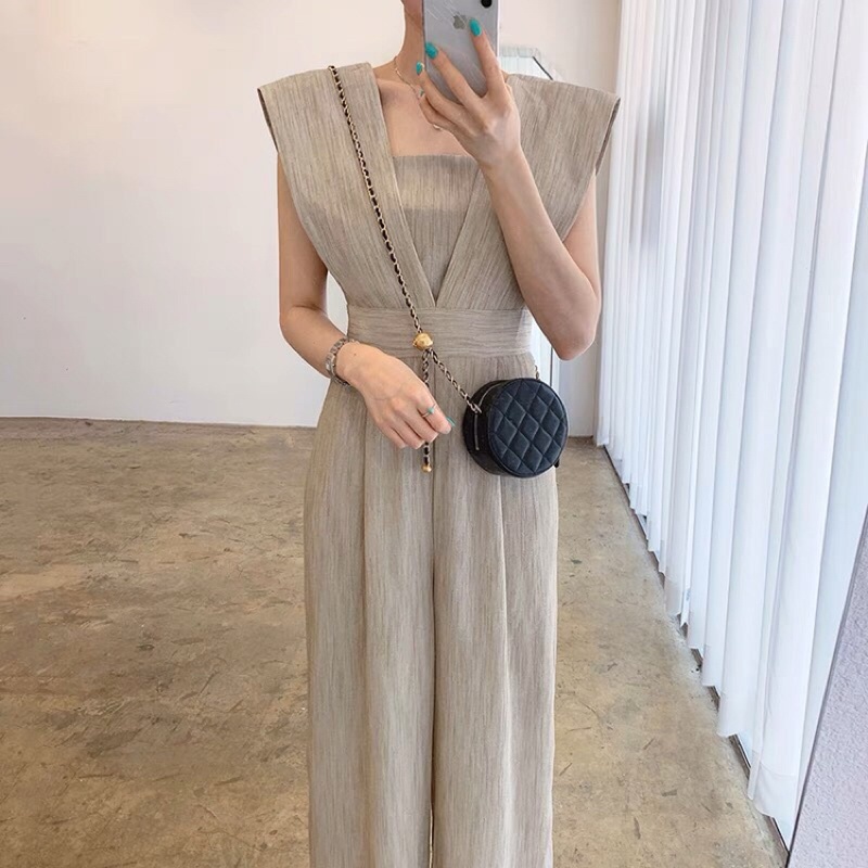 Jumpsuit áo liền quần màu xám be sang chảnh