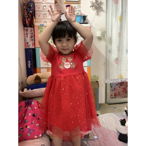 Váy noel cho bé gái hình tuần lộc, đầm cotton phối chân váy lưới kim sa lấp lánh cho bé