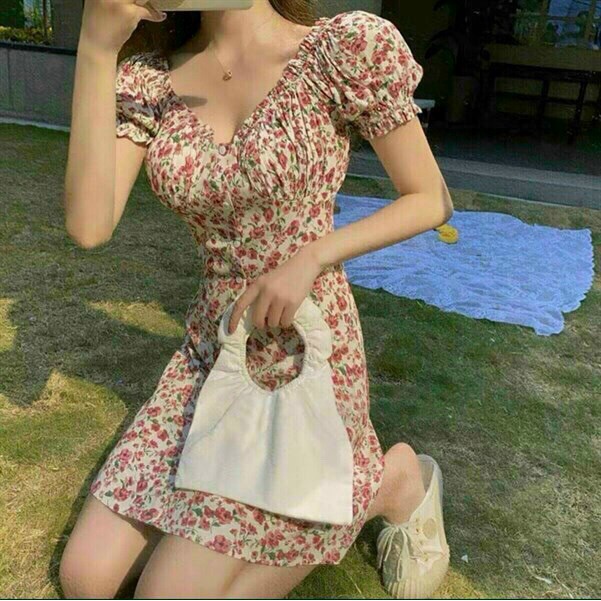 (Siêu Sale tháng 12) Đầm hoa trễ vai tay phồng,đầm nút bọc dáng xòe nhẹ,thời trang dạo phố cho nàng cực xinh