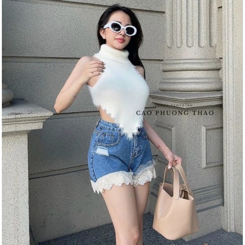 Áo cổ lọ lông gấu vạt nhọn hở lưng phong cách cá tính