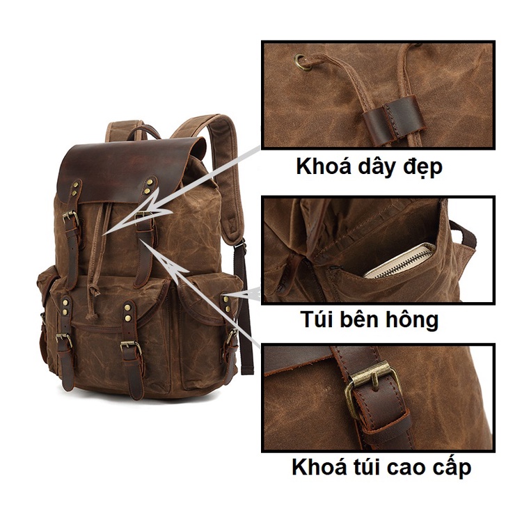 Balo canvas sáp, da thật, khoá đồng cao cấp