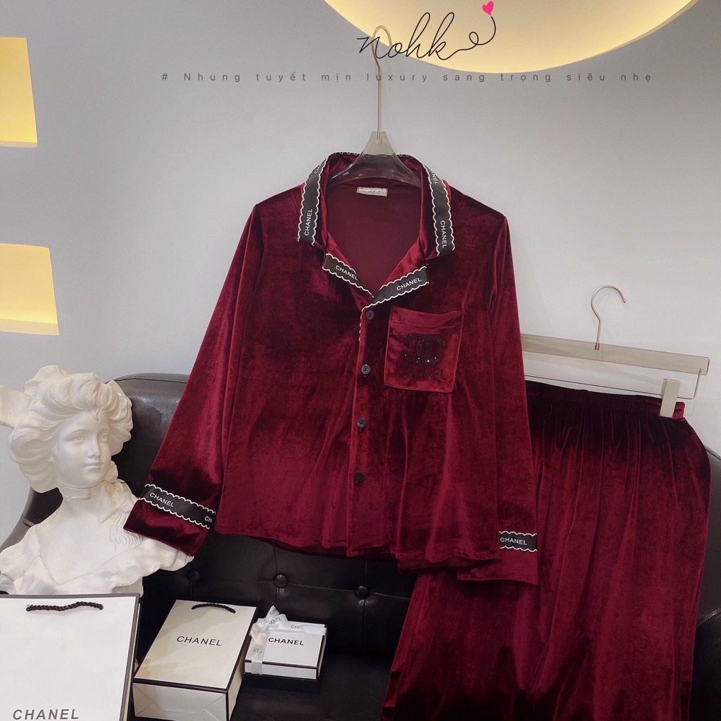 Bộ pizama nữ áo dài quần dài chất nhung cao cấp màu Đỏ đô Xumaki Store BO139A