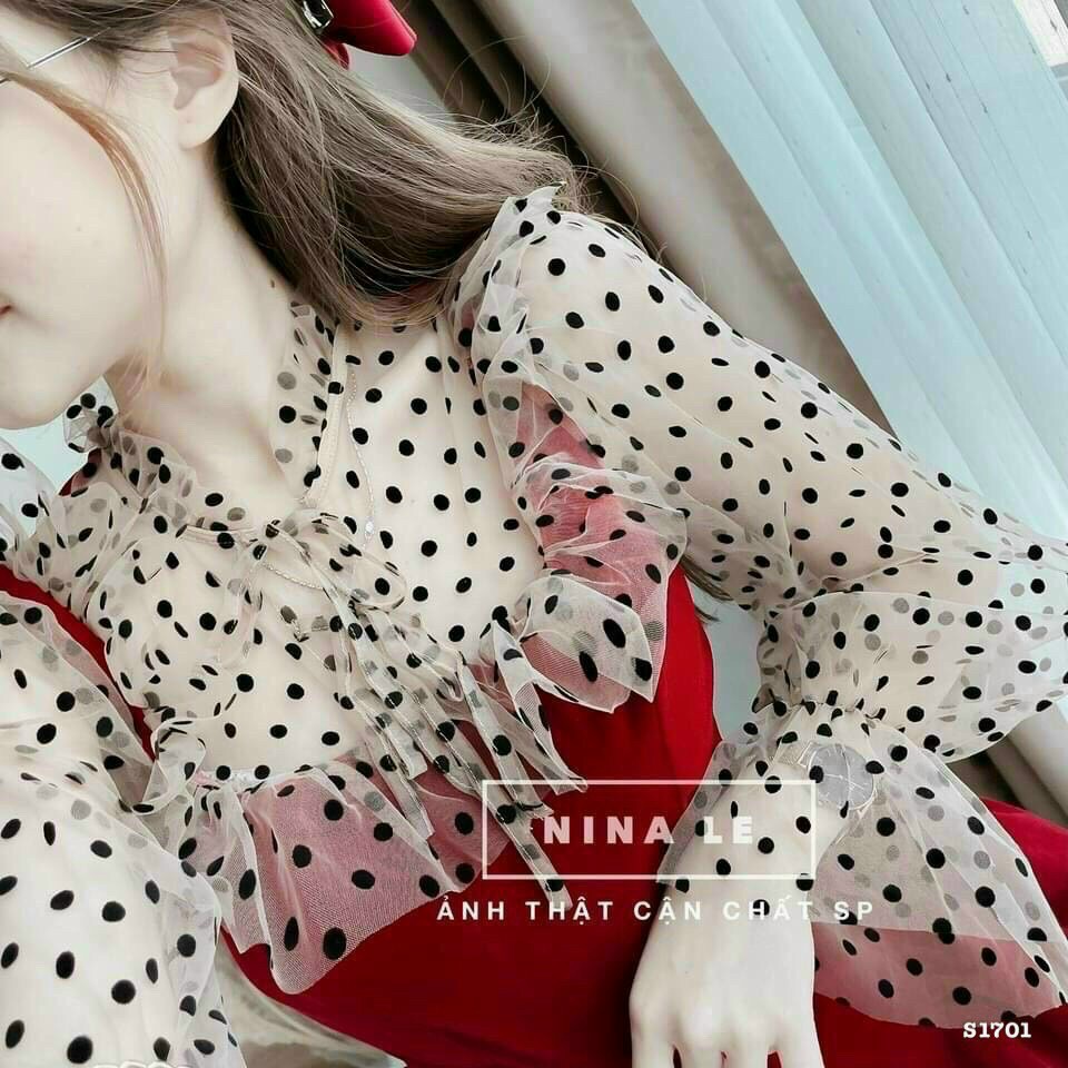 [12.12 Sales Freeship] Đầm tiểu thư nữ màu đỏ phối lưới chấm bi, đầm xòe cổ bèo tay lưới ôm eo dàng ngắn dễ thương mtb