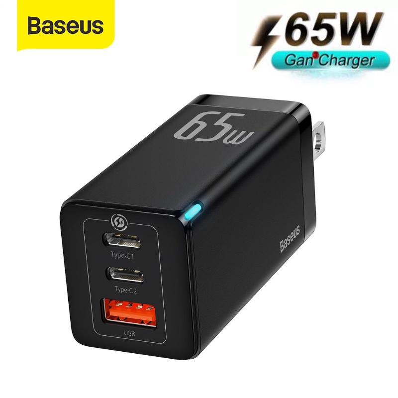 Củ sạc nhanh 65W Baseus cục GaN 3 cổng 2 type c và 1 usb đa năng cho laptop đt mac ip samsung oppo ...
