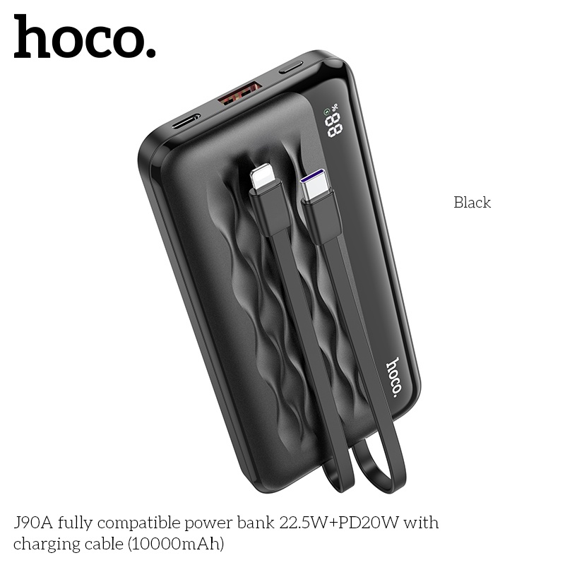 Cục sạc dự phòng hoco J90A pin 10000mah sạc siêu nhanh QC 22.5w PD 20w, sẵn cáp ra type c ip, led hiện thị