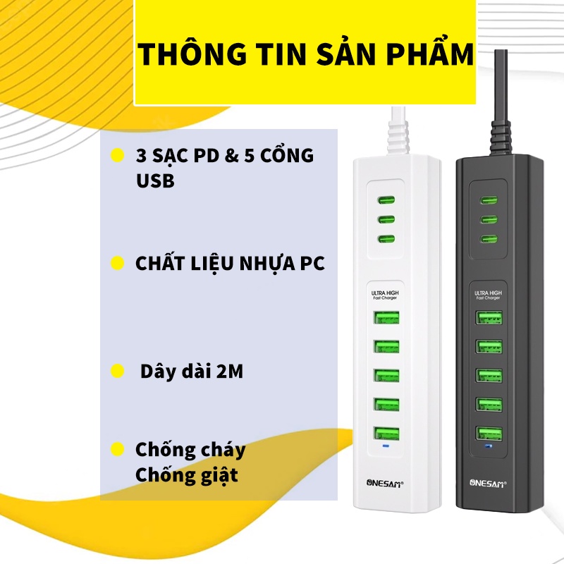 Bộ chia cổng Hub 5 Usb Hub 3 Type C Dc_tek x Onesam cắm điện nhựa PC cao cấp dây nối dài 2m