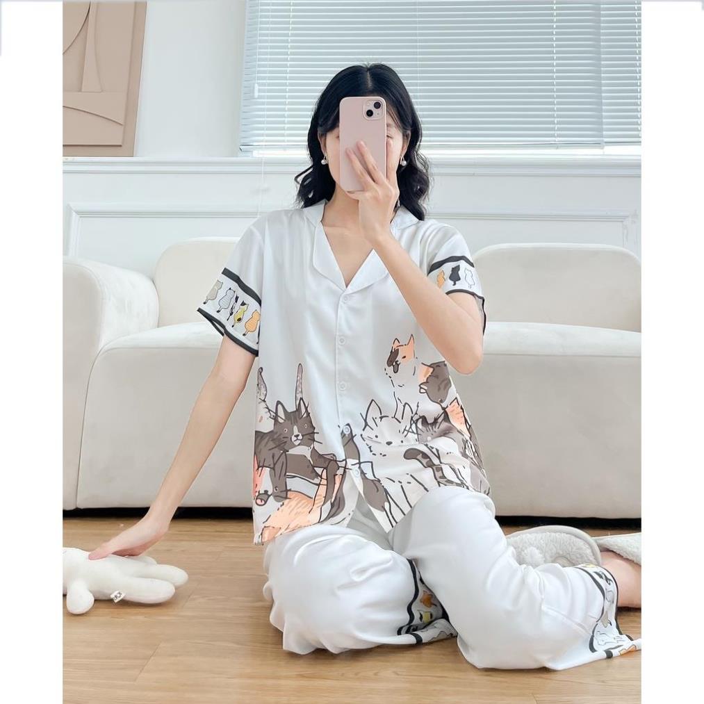 Đồ bộ mặc nhà lụa latin cấp, set đồ bộ ngủ pijama nữ tay ngắn quần dài in hình mèo cute trong BST đồ pyjama nữ cao cấp
