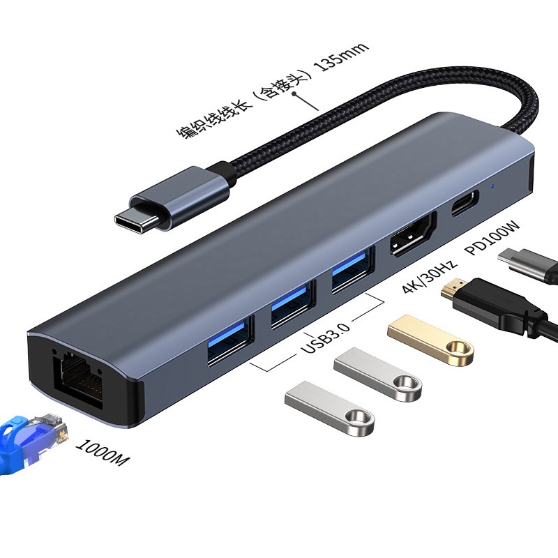 Hub Chuyển Đổi 6 Trong 1 Type-C Sang HDMI 4K PD TF RJ45 USB3.0 USB C Hub