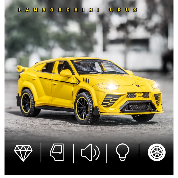 Mô hình xe hơi Lamborghini Urus tỷ lệ 1:32 khung kim loại có đèn âm thanh mô phỏng mở 4 cửa, cốp, capo cót chạy đà