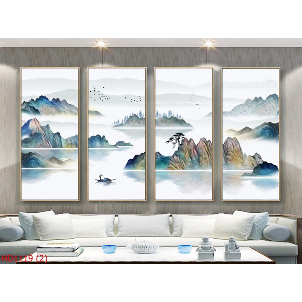 Bộ 4 tranh THUỶ MẶC size đại 40*100*4 tráng gương nhẹ nhàng độc đáo đẹp rẻ Treo Tường trang trí phòng khách