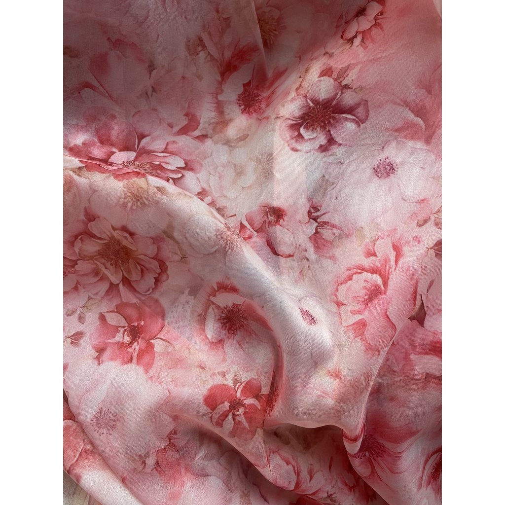 Vải voan tơ óng hoa hồng/ mẫu đơn/ hoa trà may áo dài, váy đầm chất rủ đẹp