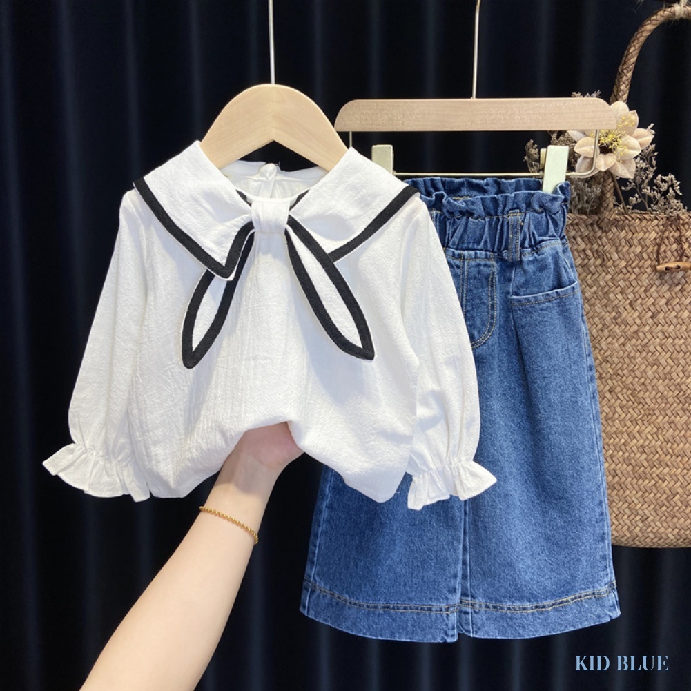 Set Áo Thủy Thủ Cổ Thủy Thủ + Quần Denim Ống Rộng Dễ Thương Cho Bé Gái