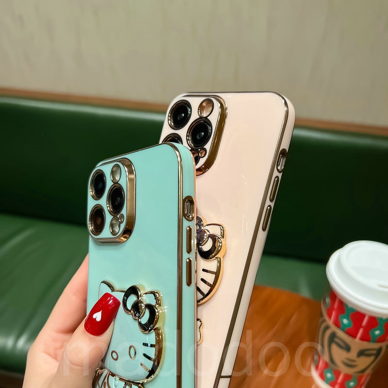 6D Straight Edge Electroplate Cartoon Casing For iPhone 14 Plus 13 Mini Pro Max ProMax 14ProMax 13ProMax Cute Candy Kitty Mirror Stand Fine Hole Anti-fall Protection Soft Thin Phone Case Cover MMT 11