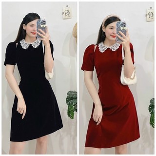 Đầm thiết kế nhung phối cổ ren xẻ vai