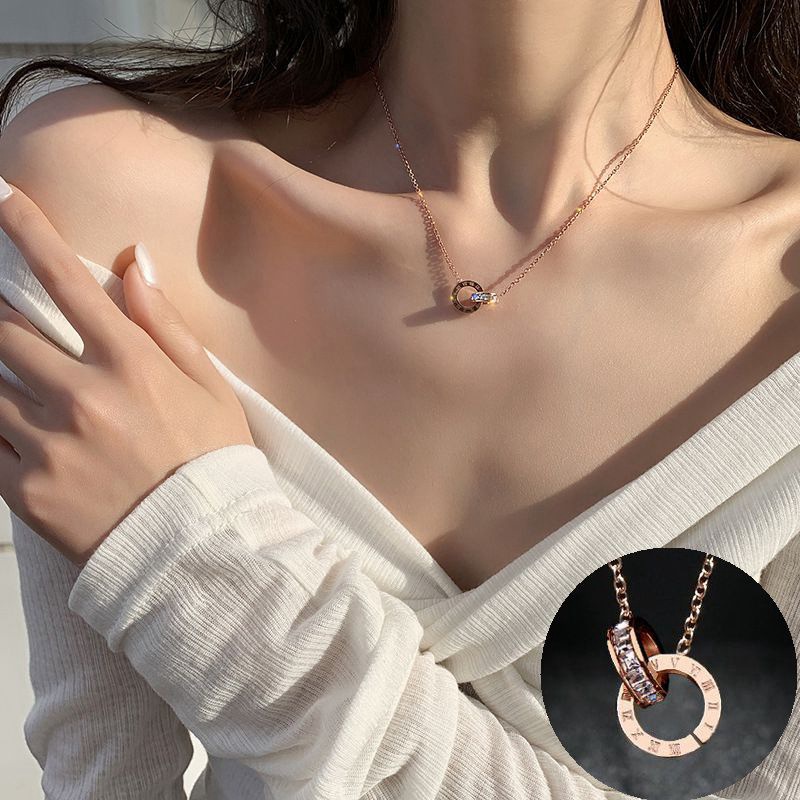 Besfome Set Vòng cổ Và Bông Tai Hai Vòng Tròn Khắc Số La Mã Đính Đá Zircon Thời Trang