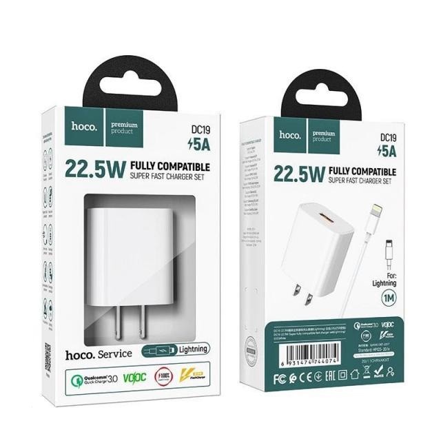 Bộ sạc nhanh 5A/22.5W Hoco DC19 chuôi dẹt kèm dây cáp dài 1M hỗ trợ sạc VOOC cho 6/7/8