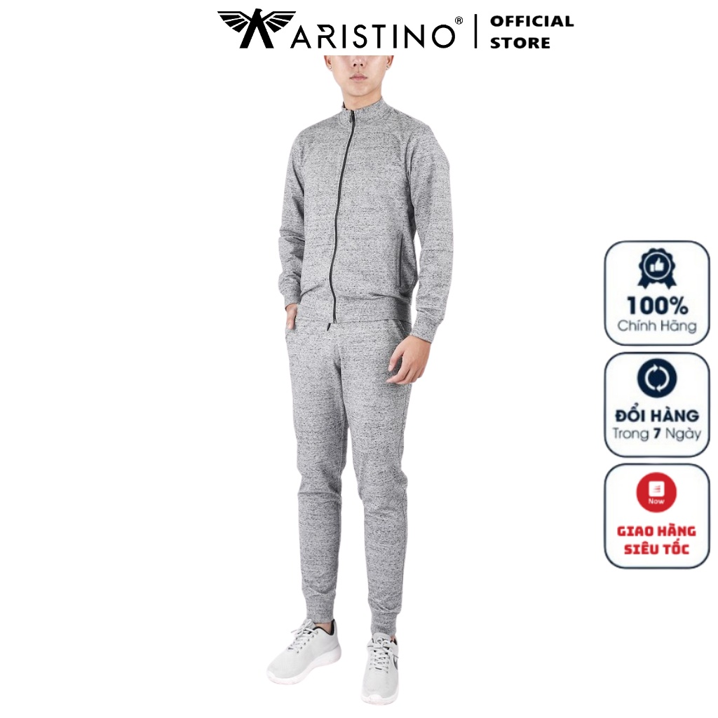 Bộ Đồ Thu Đông Mặc Nhà Nam ARISTINO ALH007W7 Vải CVC Spandex Màu Xám dáng suông cổ cao kéo khóa