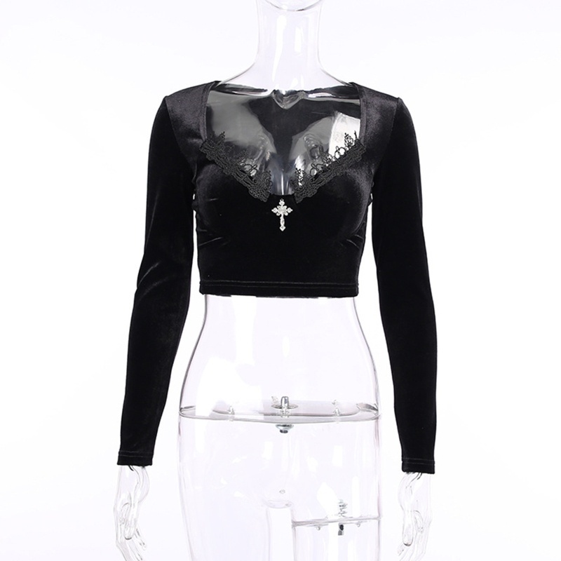 Áo Croptop Nhung Tay Dài Cổ Chữ V Khoét Sâu Gợi Cảm Cho Nữ