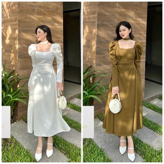 Đầm maxi cổ vuông cổ choker rúm eo tay dài thanh lịch
