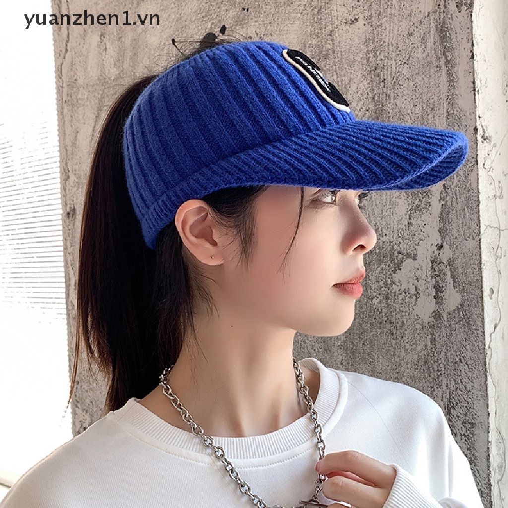 Mũ Lưỡi Trai Len Dệt Kim Hở Chóp Phối Nhung Dày Dặn Giữ Ấm Mùa Đông Thời Trang Cho Nữ