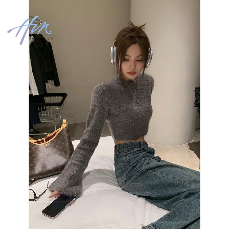 Áo Dệt Kim Tay Loe Ôm Eo Cổ Tròn Màu Xám Đen Thời Trang Thu Đông Cho Nữ