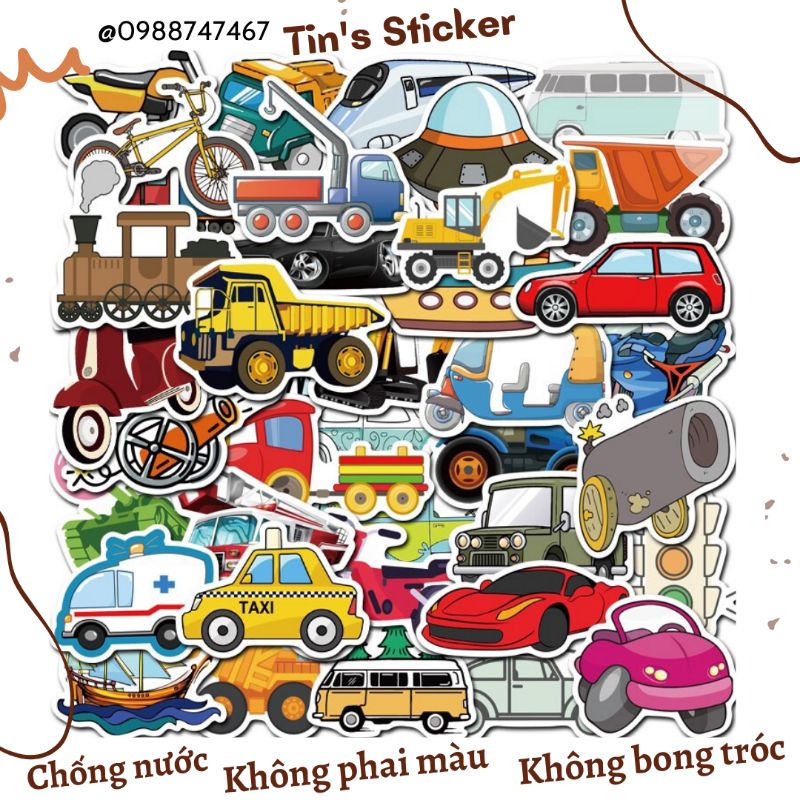 Set combo 40 miếng dán sticker Phương tiện giao thông 2 dán nón mũ bảo hiểm laptop vali sổ sách đàn guitar điện thoại